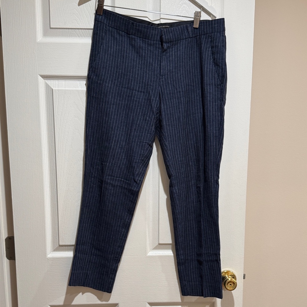 Banana Republic Avery Navy Pinstripe Ankle Trousers Linen Size 4